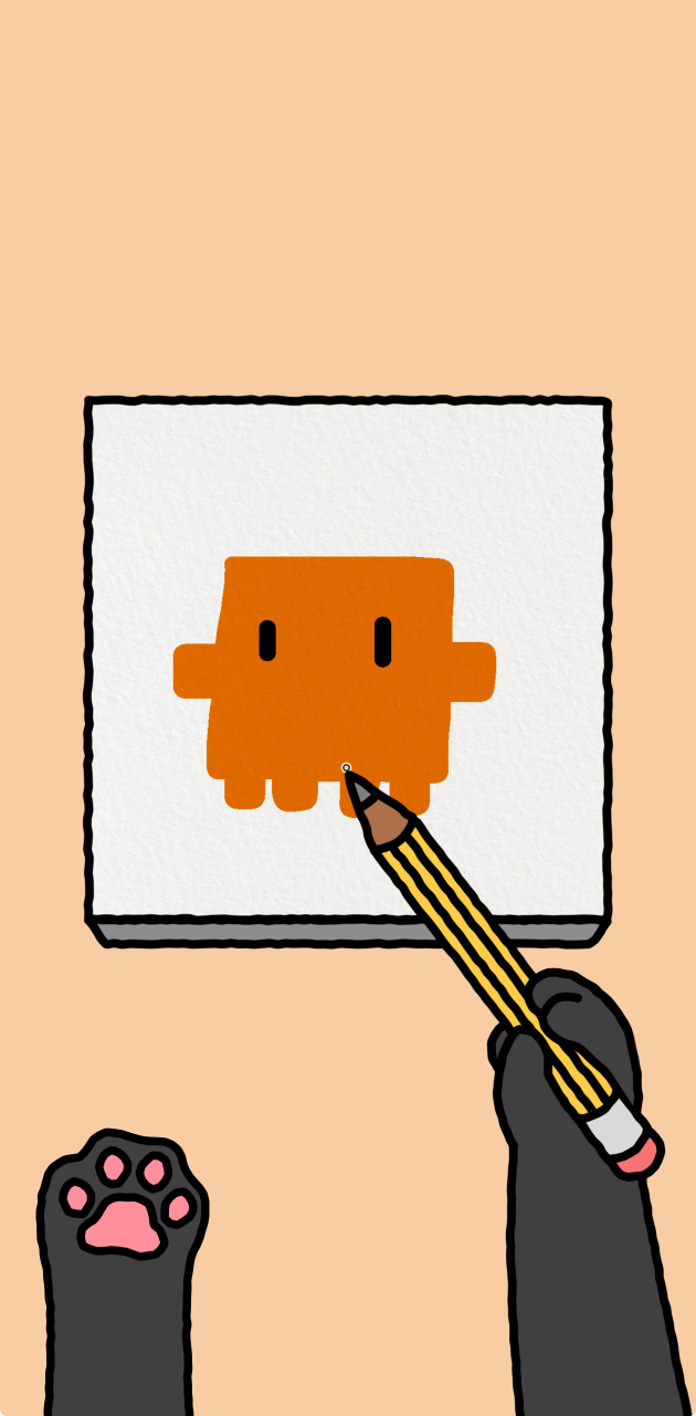 A cat’s paw holds a pencil above the lower touch area, drawing an orange character on the canvas.