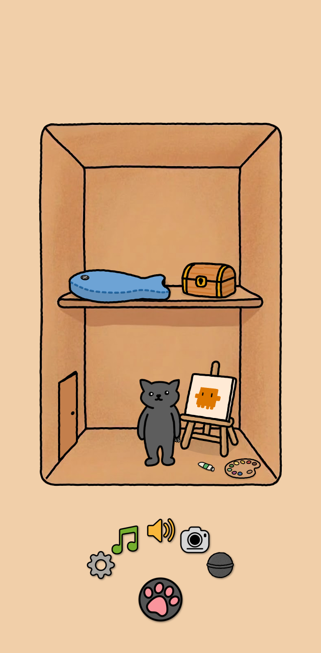 A black cat stands beside an easel with the finished orange character in a cozy illustrated room, with camera and other controls below.