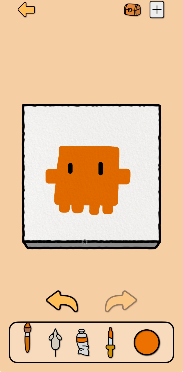 MewCanvas drawing screen showing an orange character, drawing tools, color selection, and undo and redo controls.