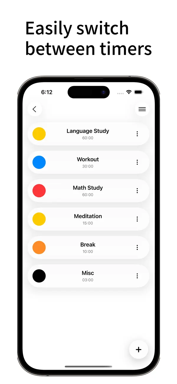 MiniTime list of saved timers for daily routines